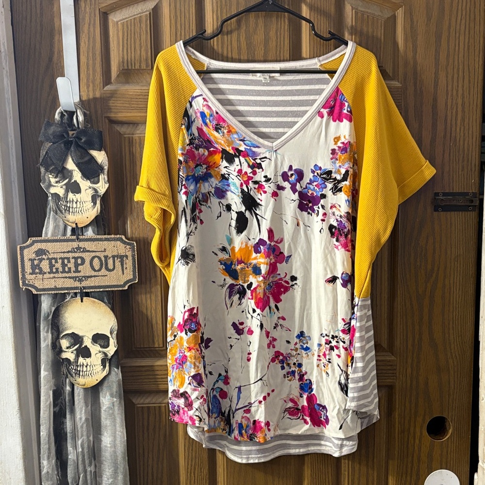 Umgee Floral V-Neck Blouse with Yellow Sleeves